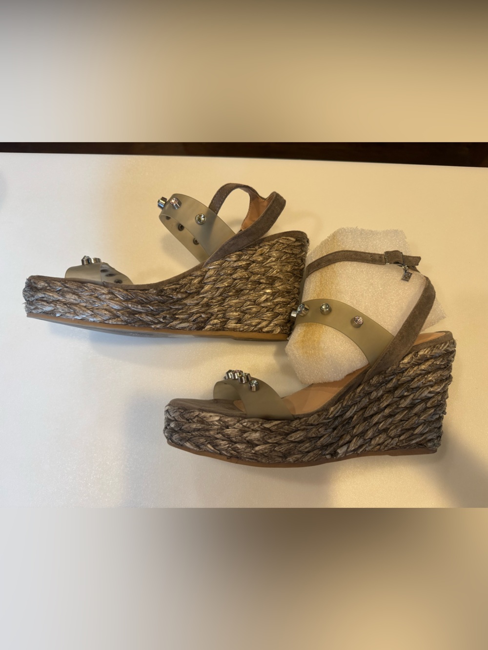 Nanette Lepore Gray Taupe Rhinestone Espadrille Wedge Ankle Strap Sandals